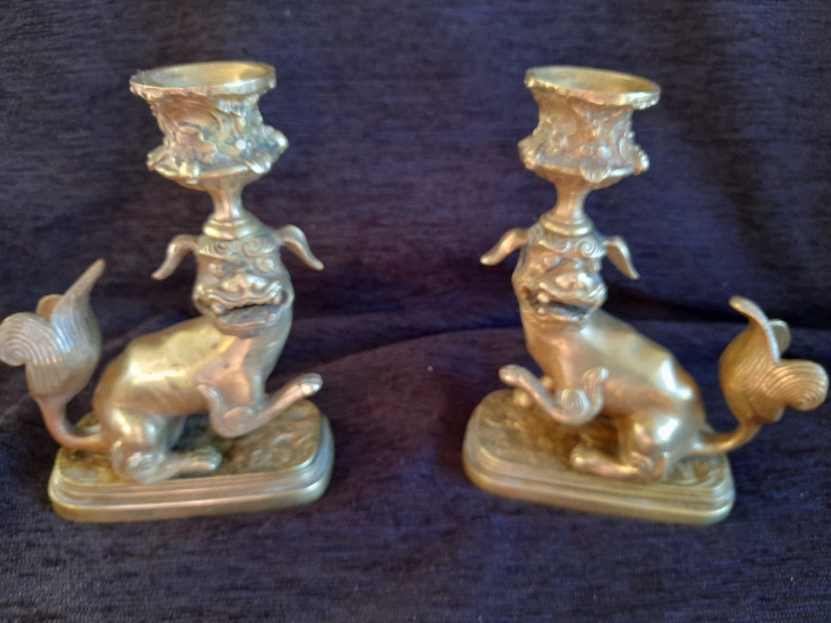 Paire De Bougeoirs Chiens de Fo  bronze epoque  XIXE -photo-2