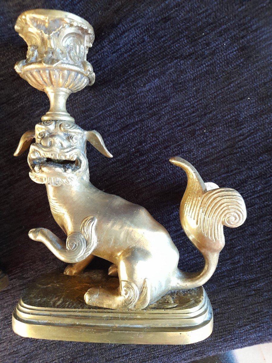 Paire De Bougeoirs Chiens de Fo  bronze epoque  XIXE -photo-1