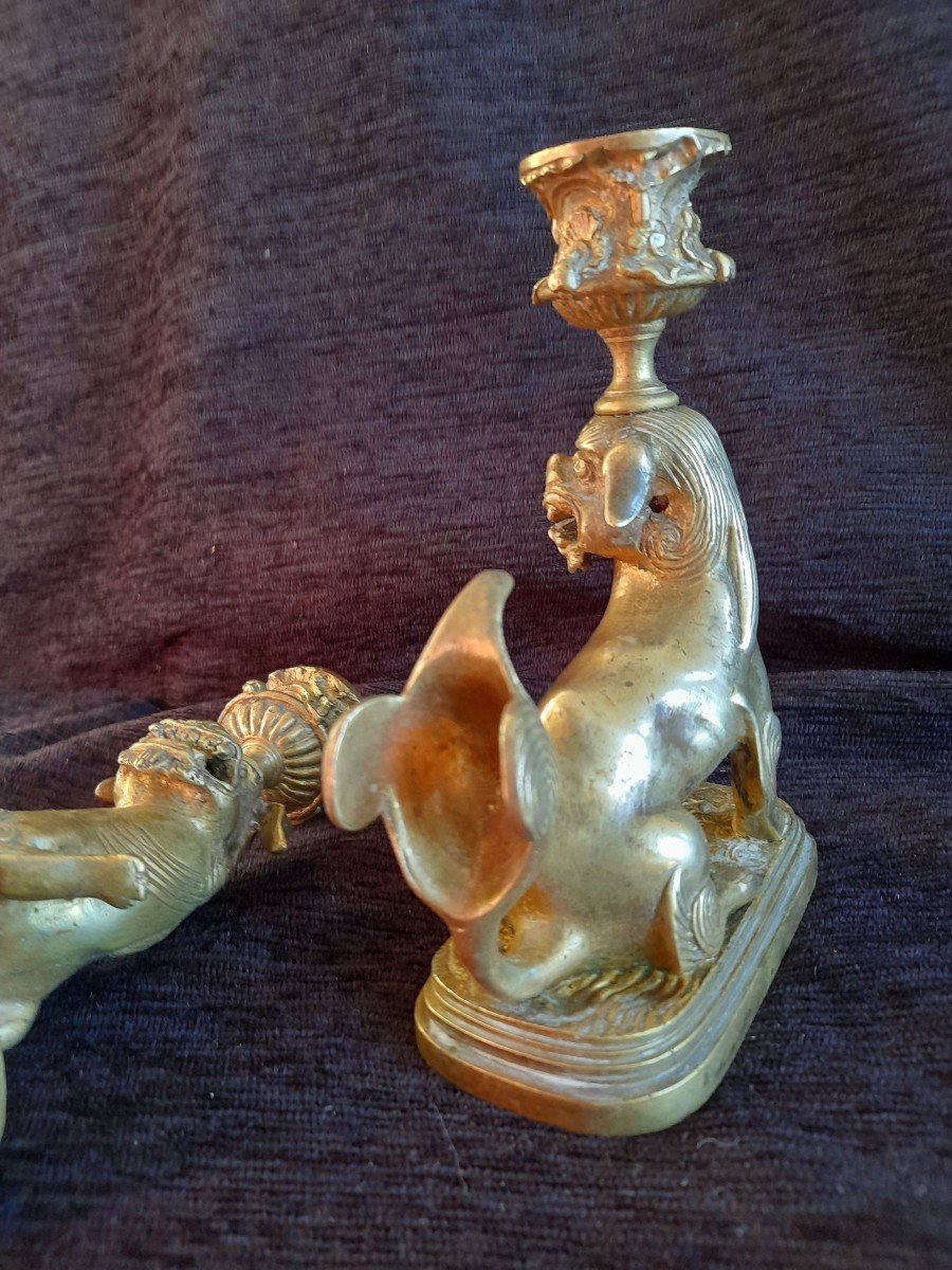 Paire De Bougeoirs Chiens de Fo  bronze epoque  XIXE -photo-4
