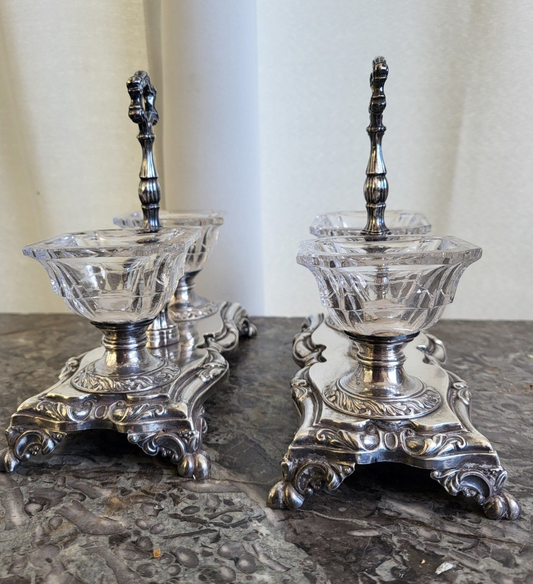 Pair Of Double Crystal And Sterling Silver Salt Shakers Napoleon III Nineteenth Time-photo-3