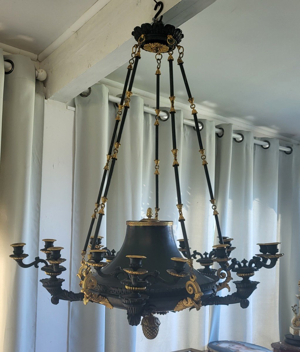 Lustre Bronze Patiné  Et Doré  époque  Restauration  Début XIXe Siècle -photo-2