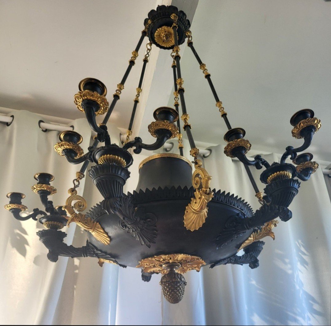 Lustre Bronze Patiné  Et Doré  époque  Restauration  Début XIXe Siècle 