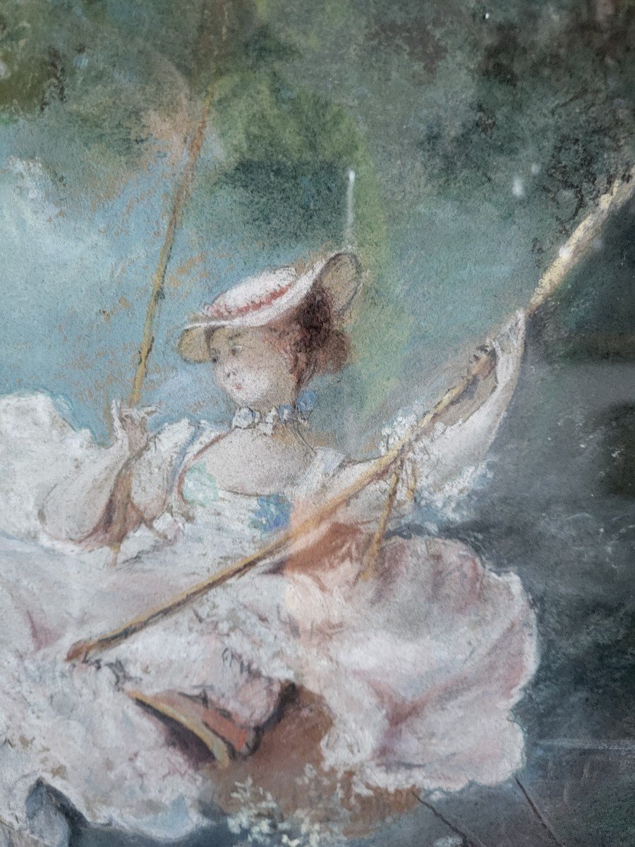 Grand Pastel  'l Escarpolette "Sv De J H Fragonard Cadre  époque XIXe  H97cm-photo-3