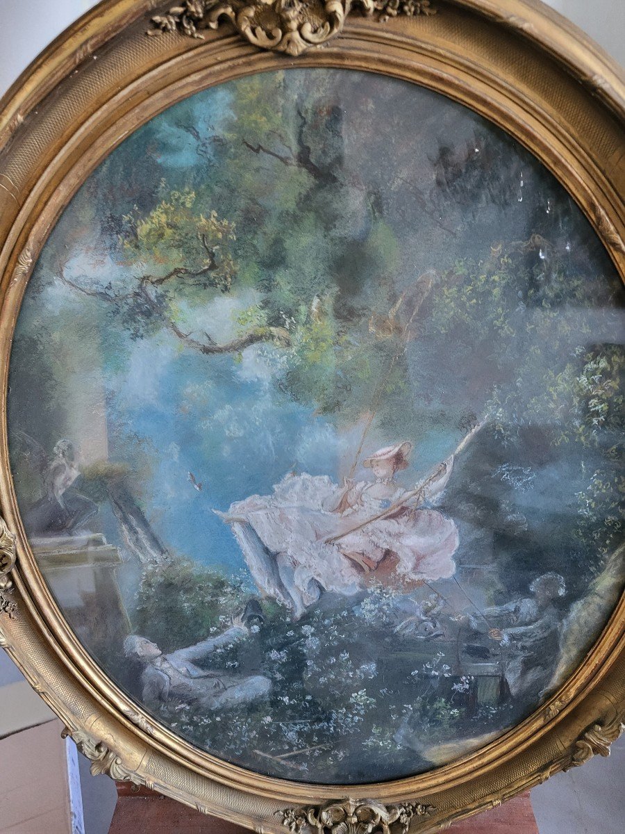 Grand Pastel  'l Escarpolette "Sv De J H Fragonard Cadre  époque XIXe  H97cm-photo-5