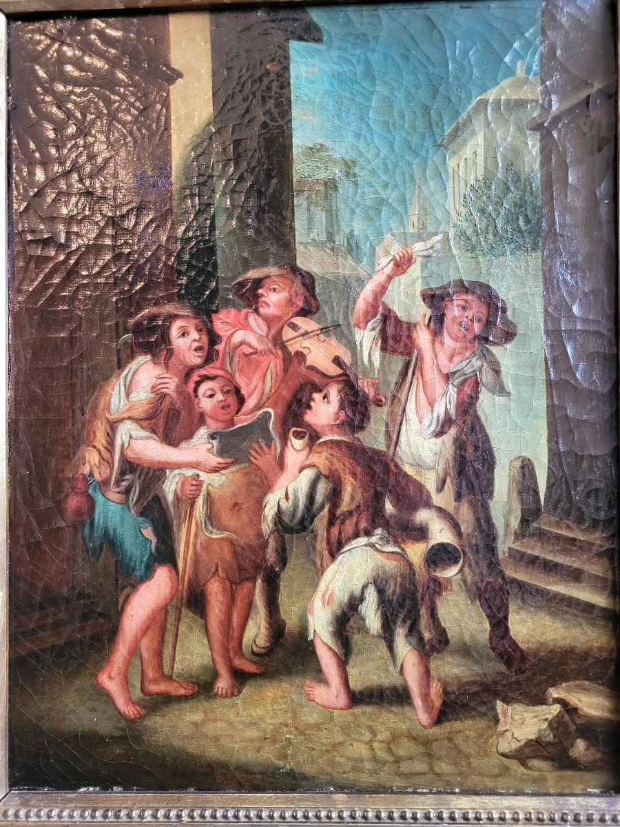 Huile S/t" Les Petites Chanteurs De Rue"ec Italienne Du XVIII E Siècle -photo-2