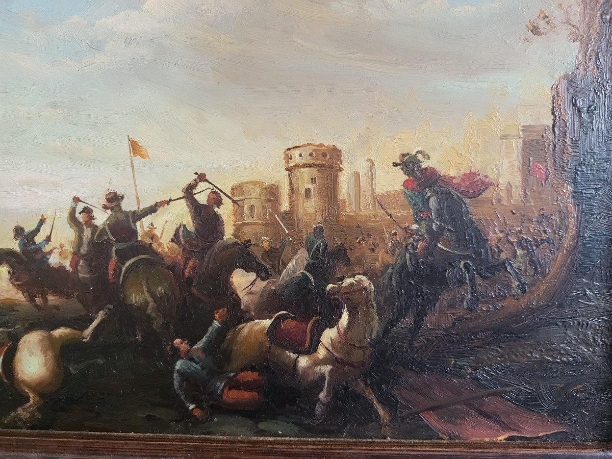 école Française Du XIXe  Huile S/c Choc De Cavalerie -photo-7