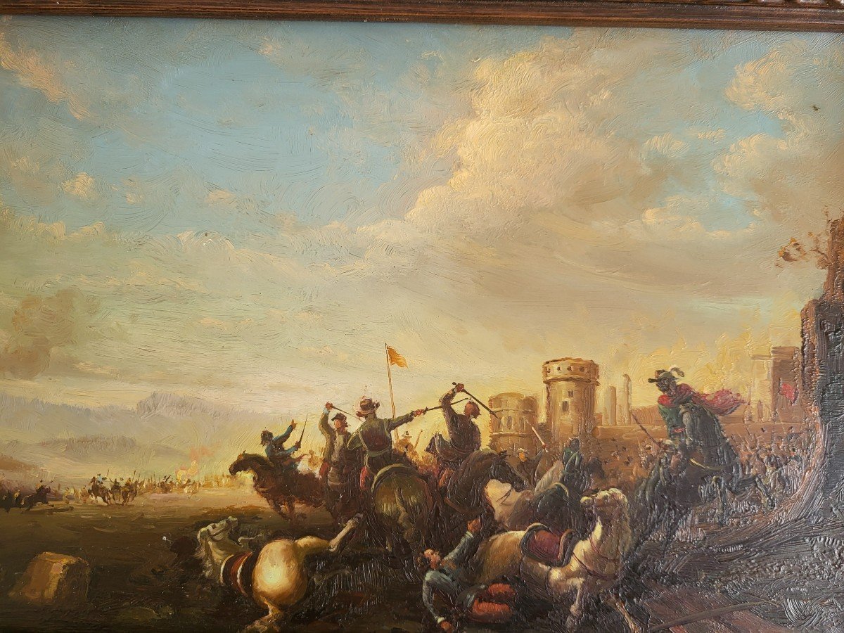 école Française Du XIXe  Huile S/c Choc De Cavalerie -photo-8