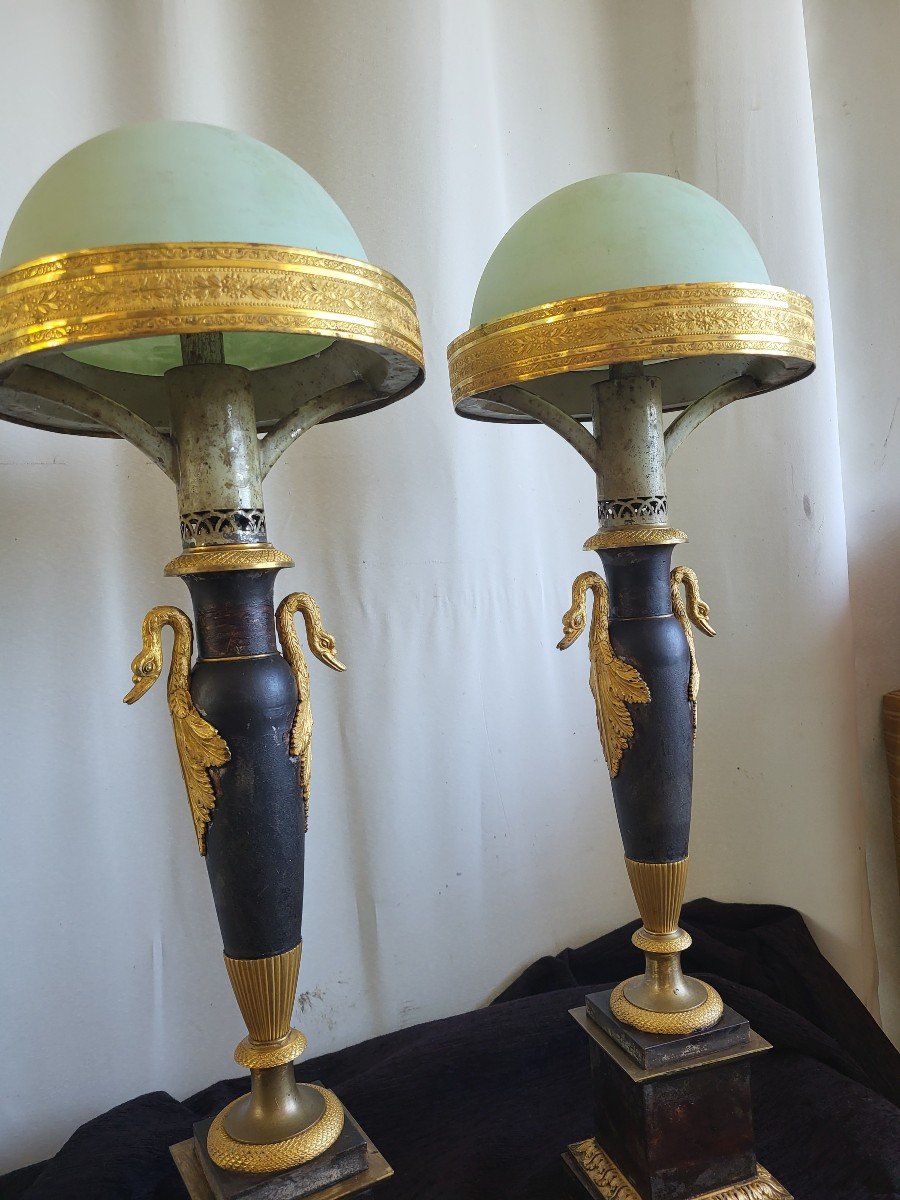 Pair Of Carcel Bronze And Sheet Metal Lamps, Empire Period, Early 19th Century -photo-3