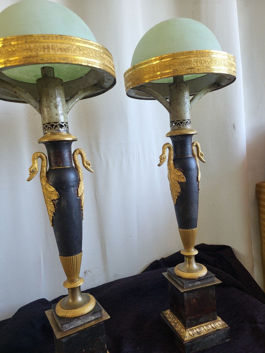 Pair Of Carcel Bronze And Sheet Metal Lamps, Empire Period, Early 19th Century -photo-5