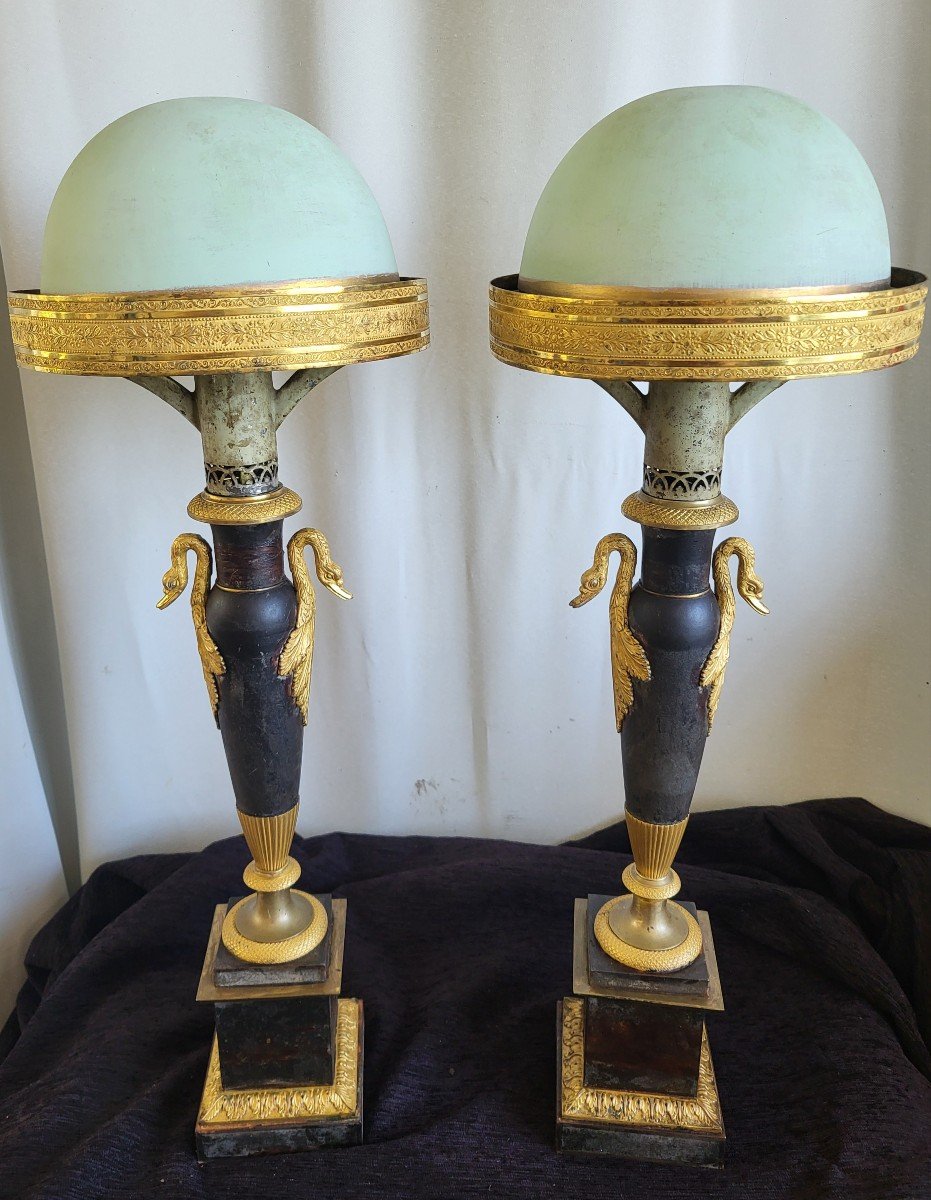 Pair Of Carcel Bronze And Sheet Metal Lamps, Empire Period, Early 19th Century 