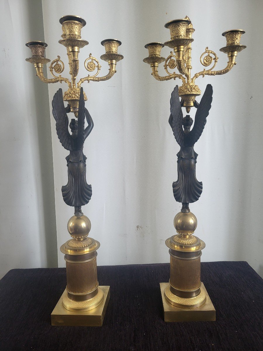 Paire De  Candélabres  Aux Victoires Ailées Ep Empire  H64cm-photo-2