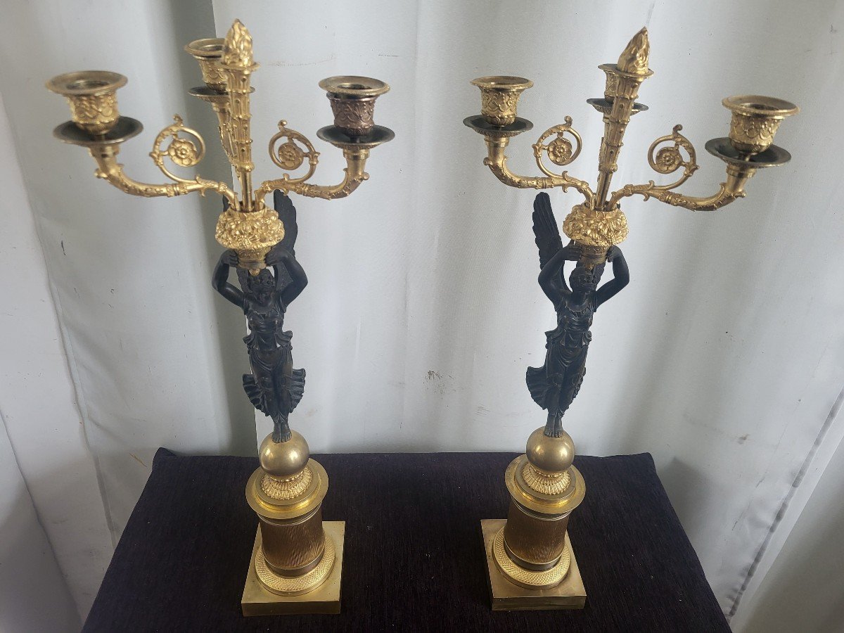 Paire De  Candélabres  Aux Victoires Ailées Ep Empire  H64cm-photo-6