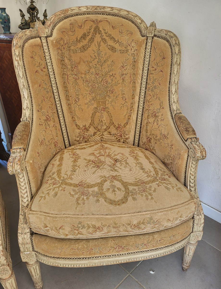Pair Of Winged Armchairs, Louis XVI Tapestry, 19th Century -photo-2