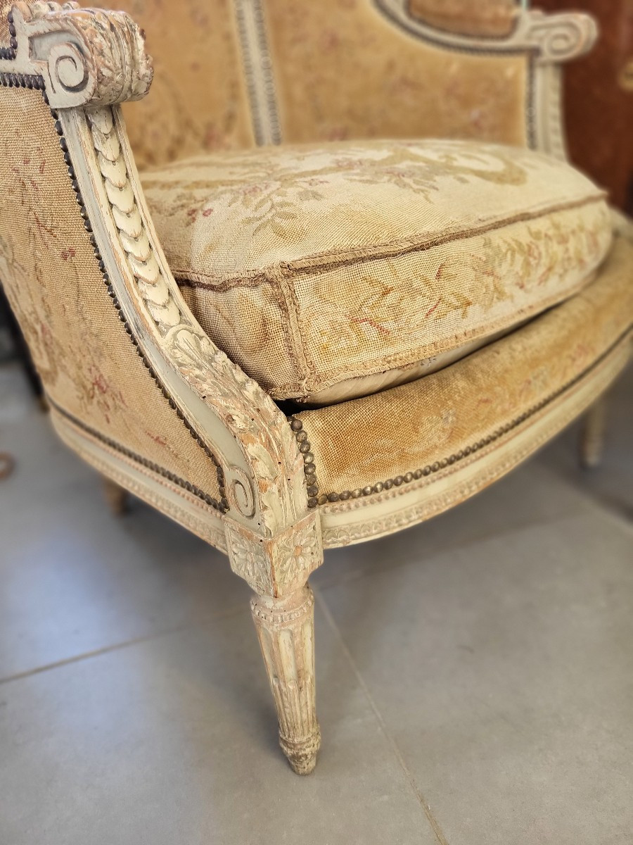 Pair Of Winged Armchairs, Louis XVI Tapestry, 19th Century -photo-4