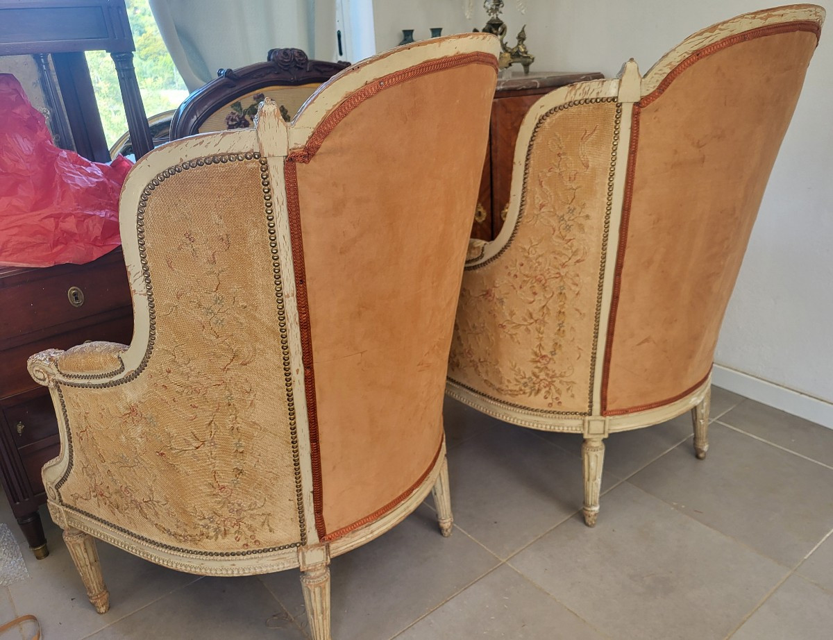 Pair Of Winged Armchairs, Louis XVI Tapestry, 19th Century -photo-1