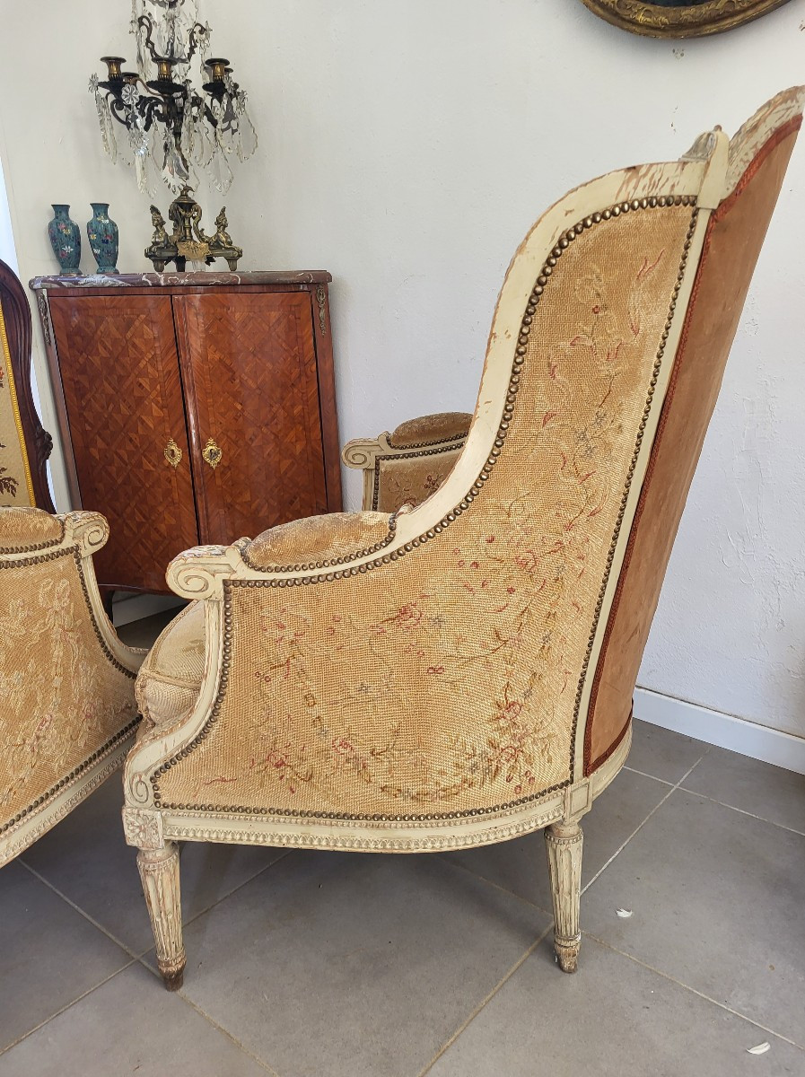 Pair Of Winged Armchairs, Louis XVI Tapestry, 19th Century -photo-7