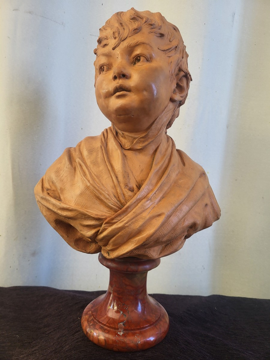 Patinated Terracotta Bust Of A Young Child Signed Houdon, 19th Century -photo-2