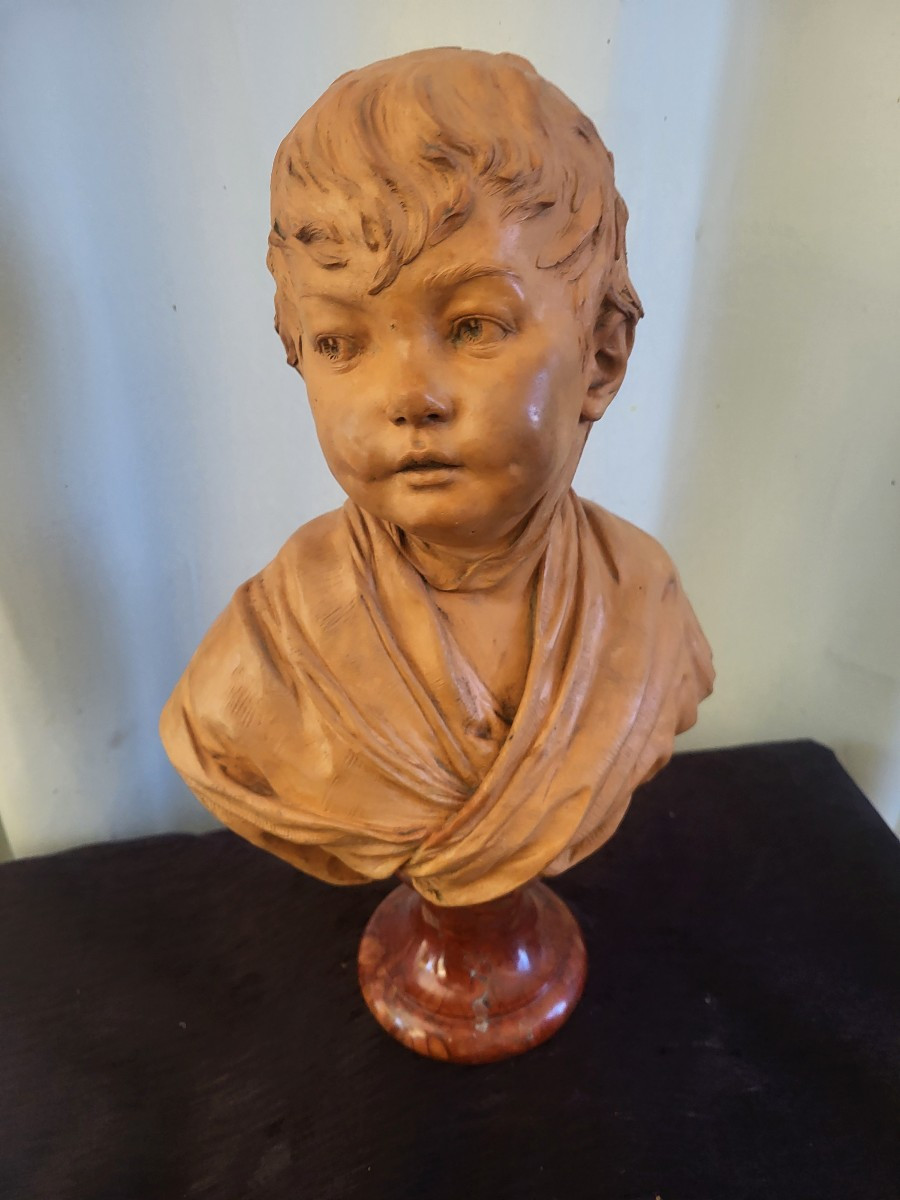 Patinated Terracotta Bust Of A Young Child Signed Houdon, 19th Century -photo-3