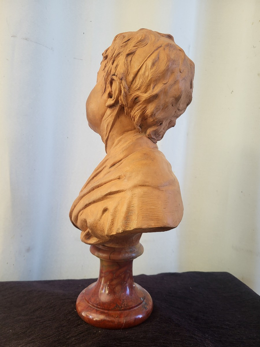 Patinated Terracotta Bust Of A Young Child Signed Houdon, 19th Century -photo-4