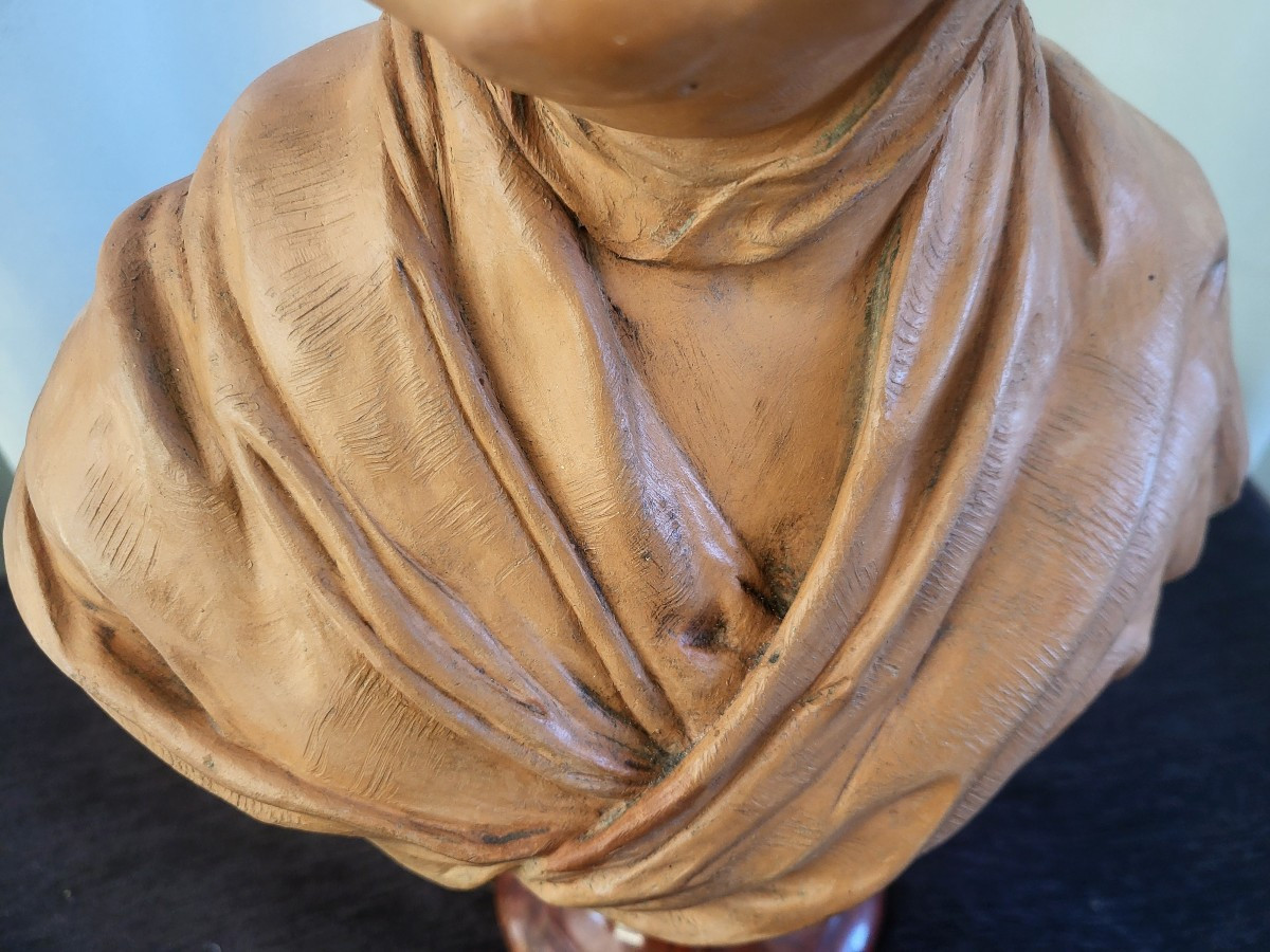 Patinated Terracotta Bust Of A Young Child Signed Houdon, 19th Century -photo-1