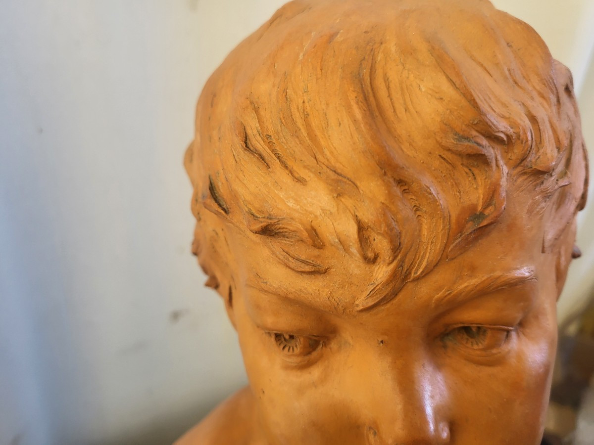 Patinated Terracotta Bust Of A Young Child Signed Houdon, 19th Century -photo-2
