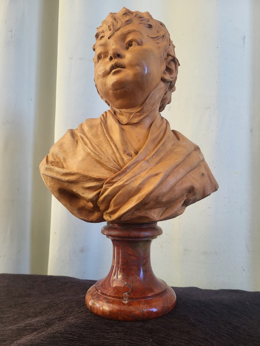 Patinated Terracotta Bust Of A Young Child Signed Houdon, 19th Century -photo-3