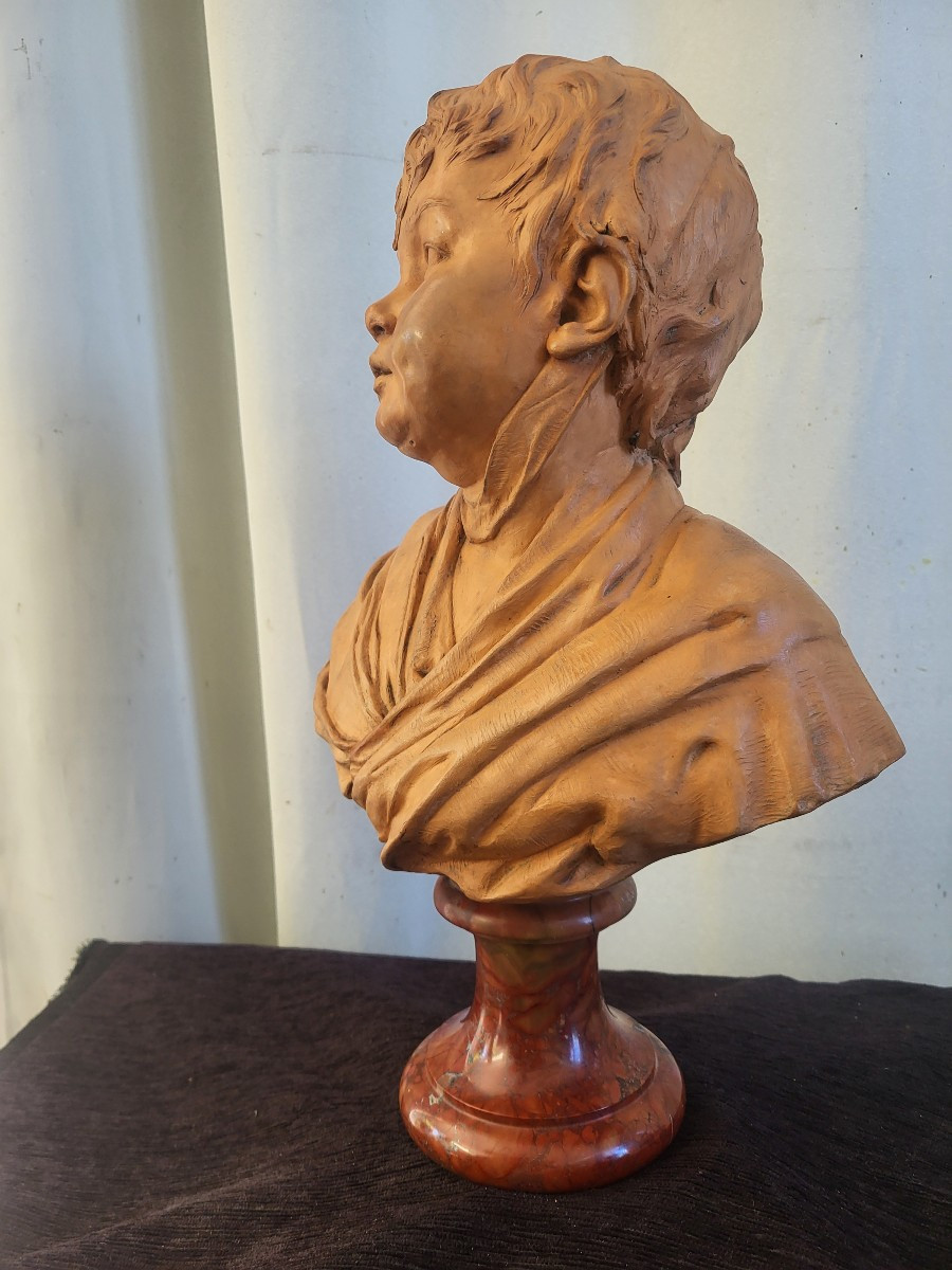Patinated Terracotta Bust Of A Young Child Signed Houdon, 19th Century -photo-4
