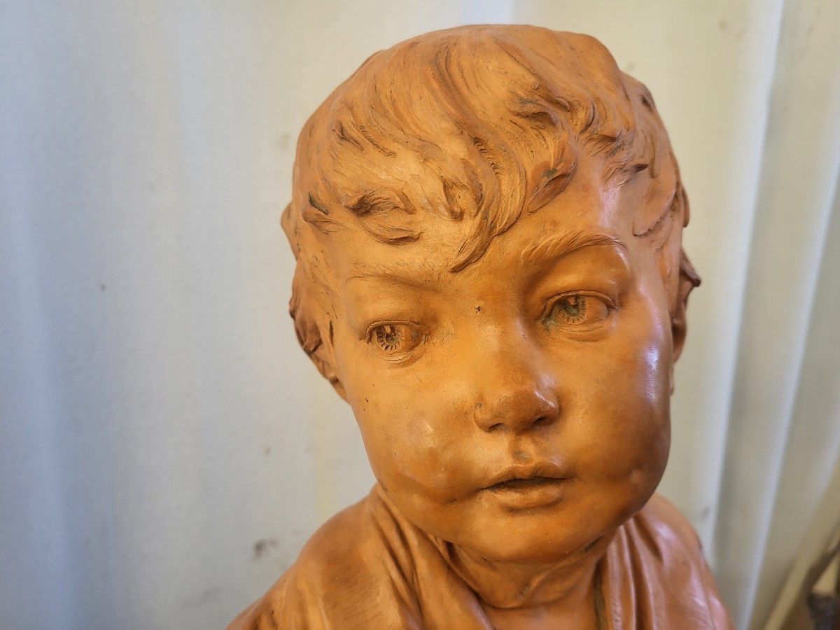 Patinated Terracotta Bust Of A Young Child Signed Houdon, 19th Century -photo-5