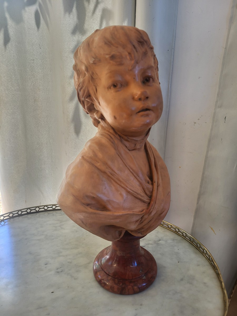Patinated Terracotta Bust Of A Young Child Signed Houdon, 19th Century -photo-7