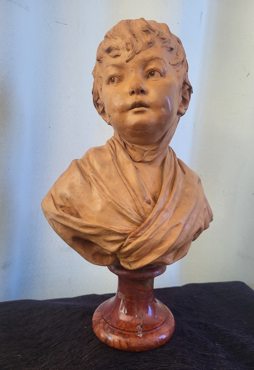 Patinated Terracotta Bust Of A Young Child Signed Houdon, 19th Century 