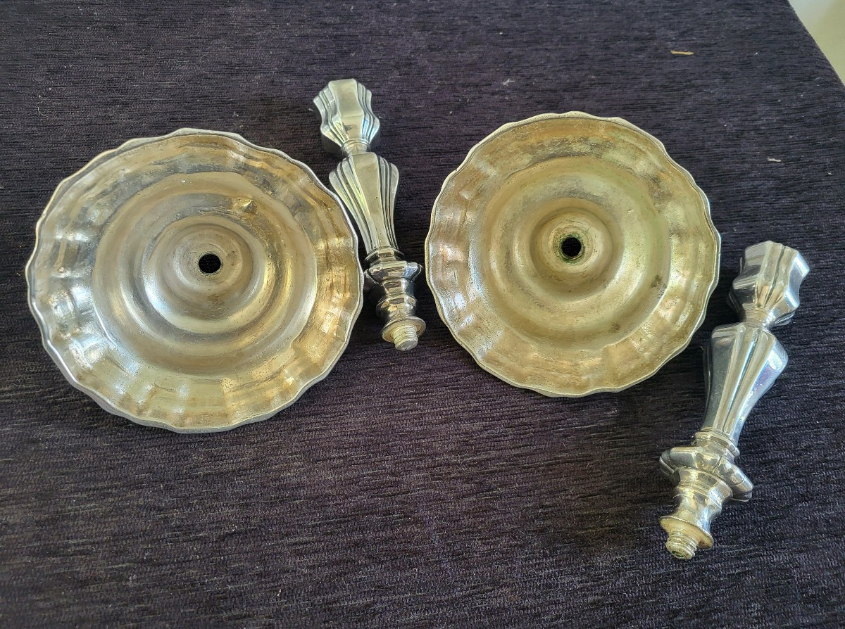 Pair Of Louis XV Period Silver-plated Bronze Candlesticks, 18th Century -photo-2