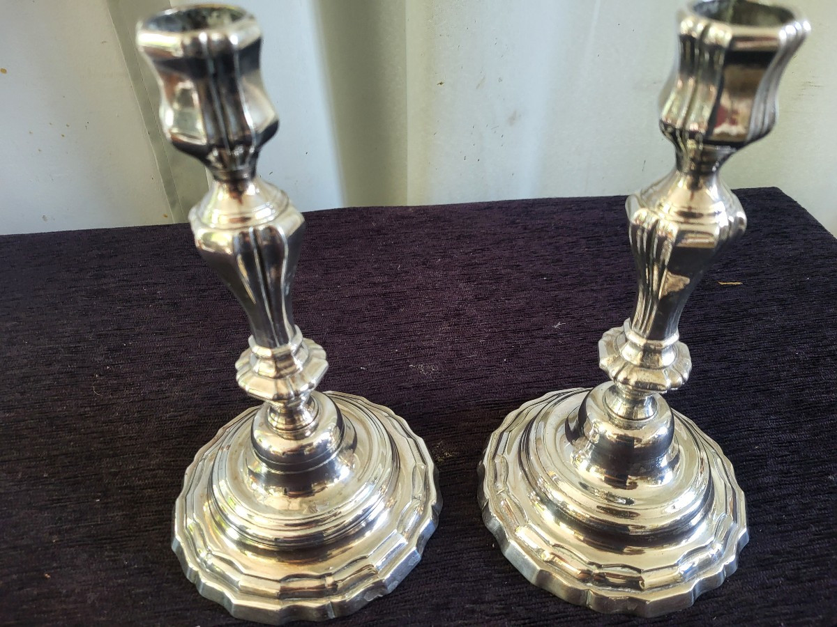 Pair Of Louis XV Period Silver-plated Bronze Candlesticks, 18th Century -photo-4