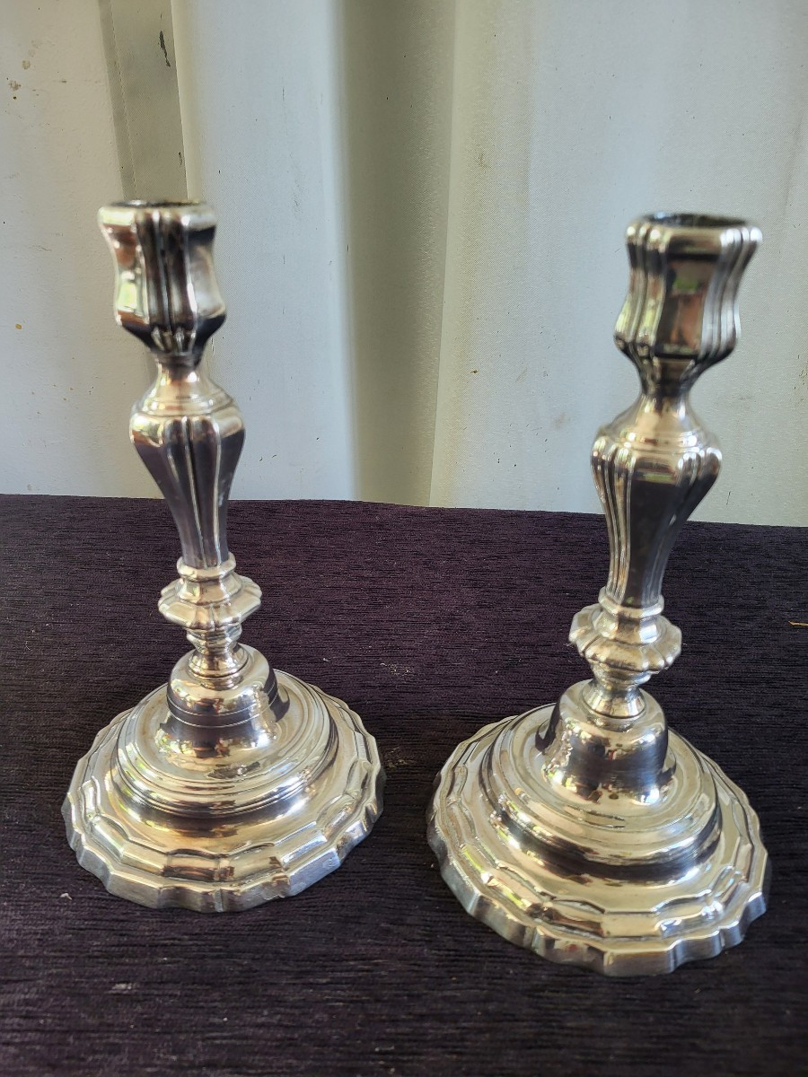 Pair Of Louis XV Period Silver-plated Bronze Candlesticks, 18th Century 