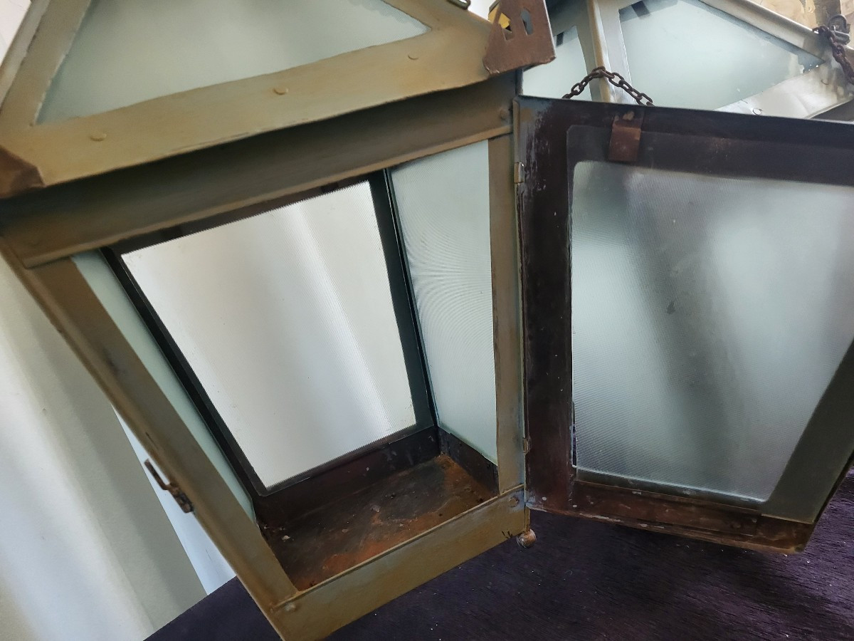 Paire de   grandes lanternes  d'entrée Tole Peinte époque XIXe Siècle H77cm-photo-4