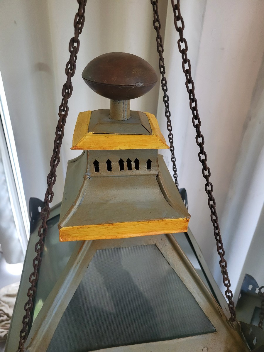 Paire de   grandes lanternes  d'entrée Tole Peinte époque XIXe Siècle H77cm-photo-5