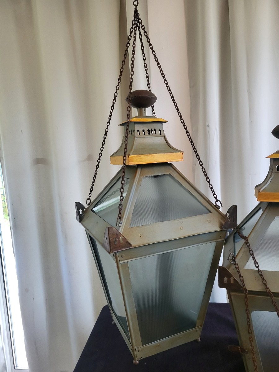 Paire de   grandes lanternes  d'entrée Tole Peinte époque XIXe Siècle H77cm-photo-6