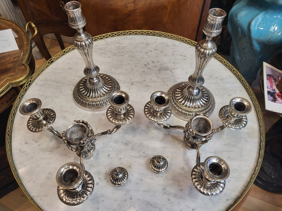 Pair Of Louis XVI Period Candlesticks, Silver Plated, 18th Century H40-photo-4