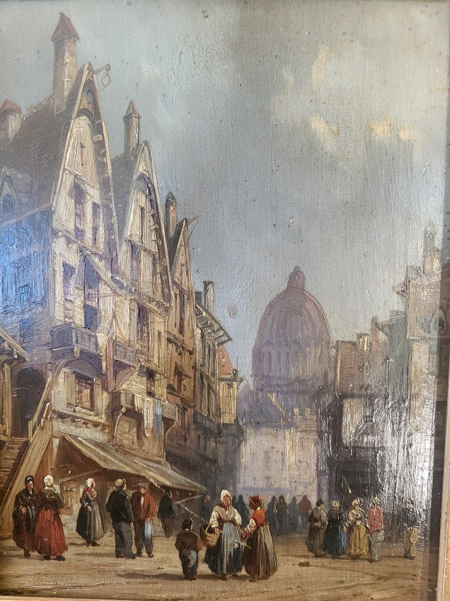 French School, Early 19th Century, Oil On Canvas, View Of A Lively Town -photo-2