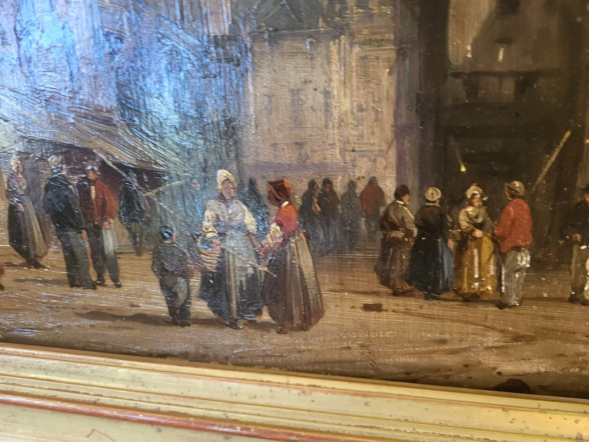 French School, Early 19th Century, Oil On Canvas, View Of A Lively Town -photo-3