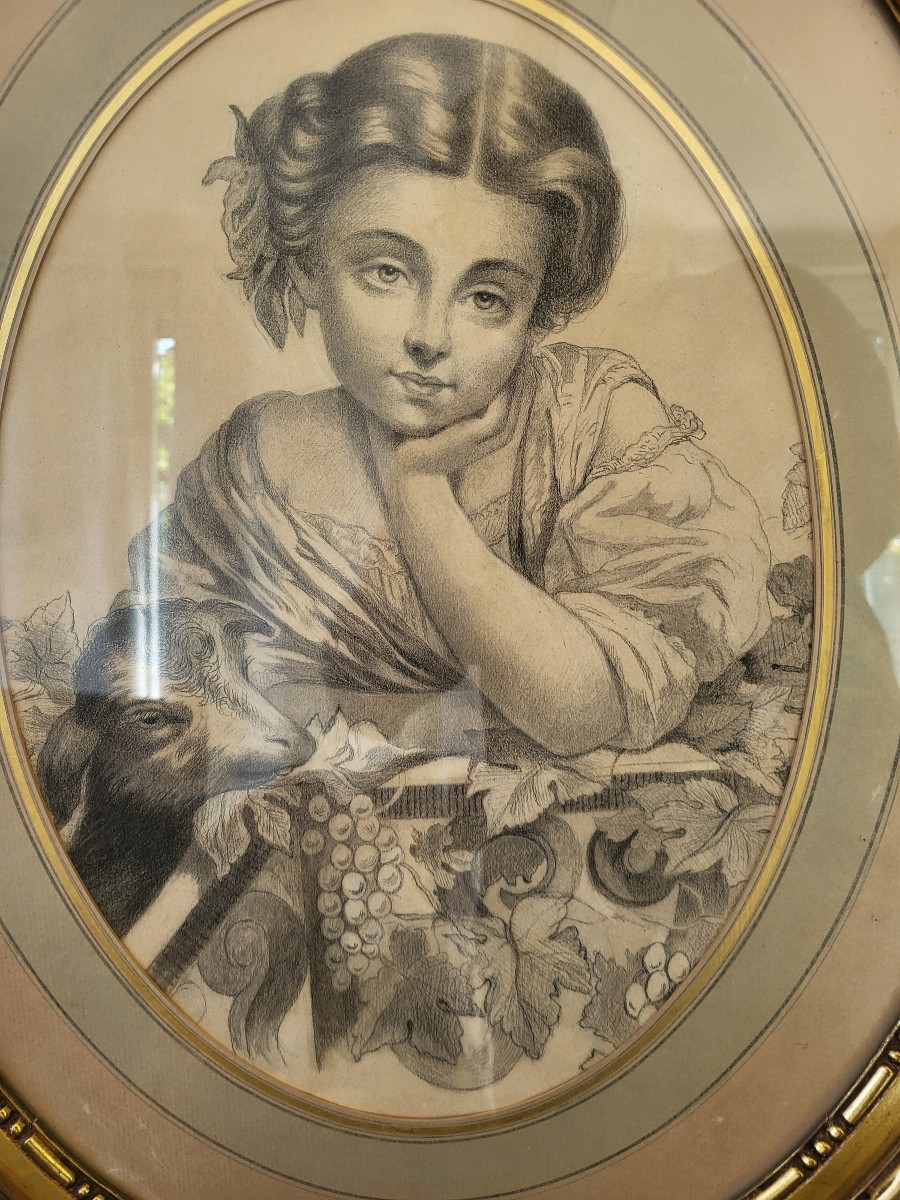 French School, 19th Century Young Girl With A Kid, Pencil, In Its Period Frame -photo-2