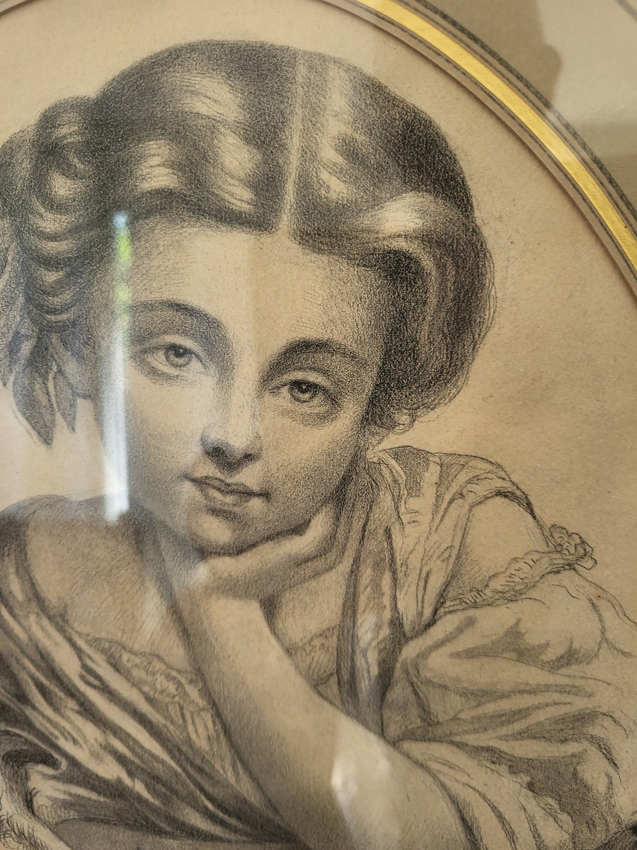 French School, 19th Century Young Girl With A Kid, Pencil, In Its Period Frame -photo-4