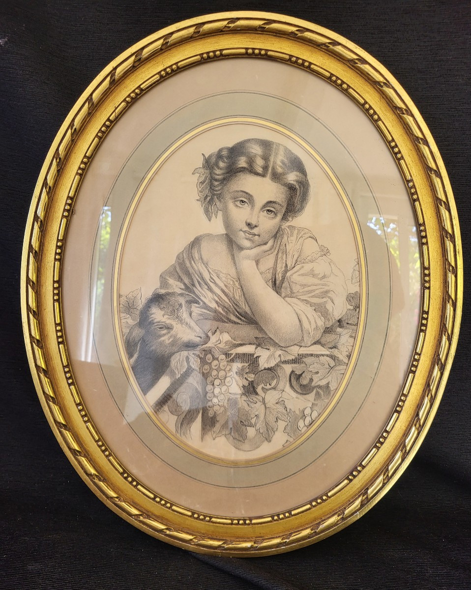 French School, 19th Century Young Girl With A Kid, Pencil, In Its Period Frame 