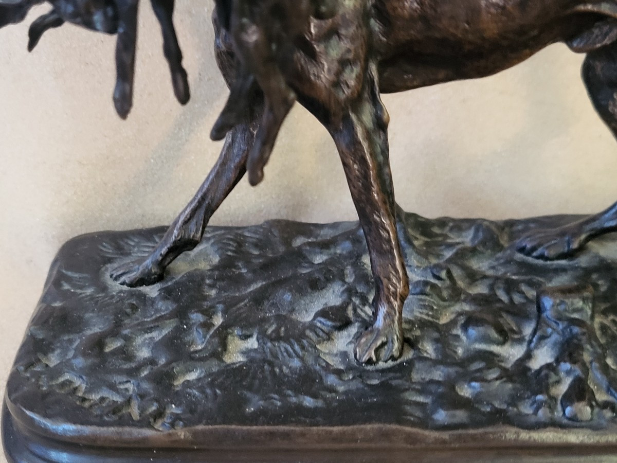 Sculpture  Bronze chien et lièvre signée  PJ Mène fin XIXe -photo-1