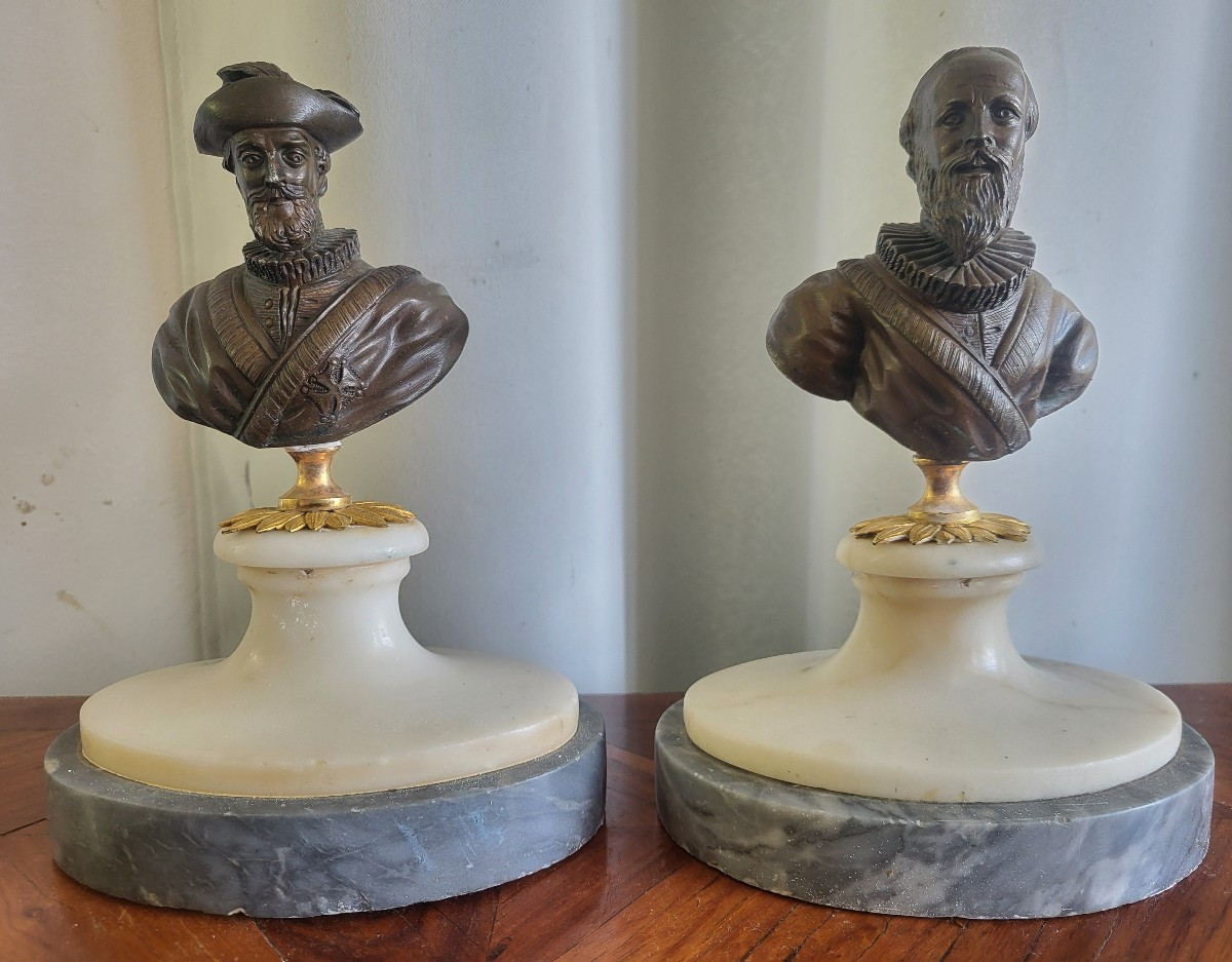 Pair Of Bronze Busts Of Henti IV And Sully, Restoration Period, 19th Century 