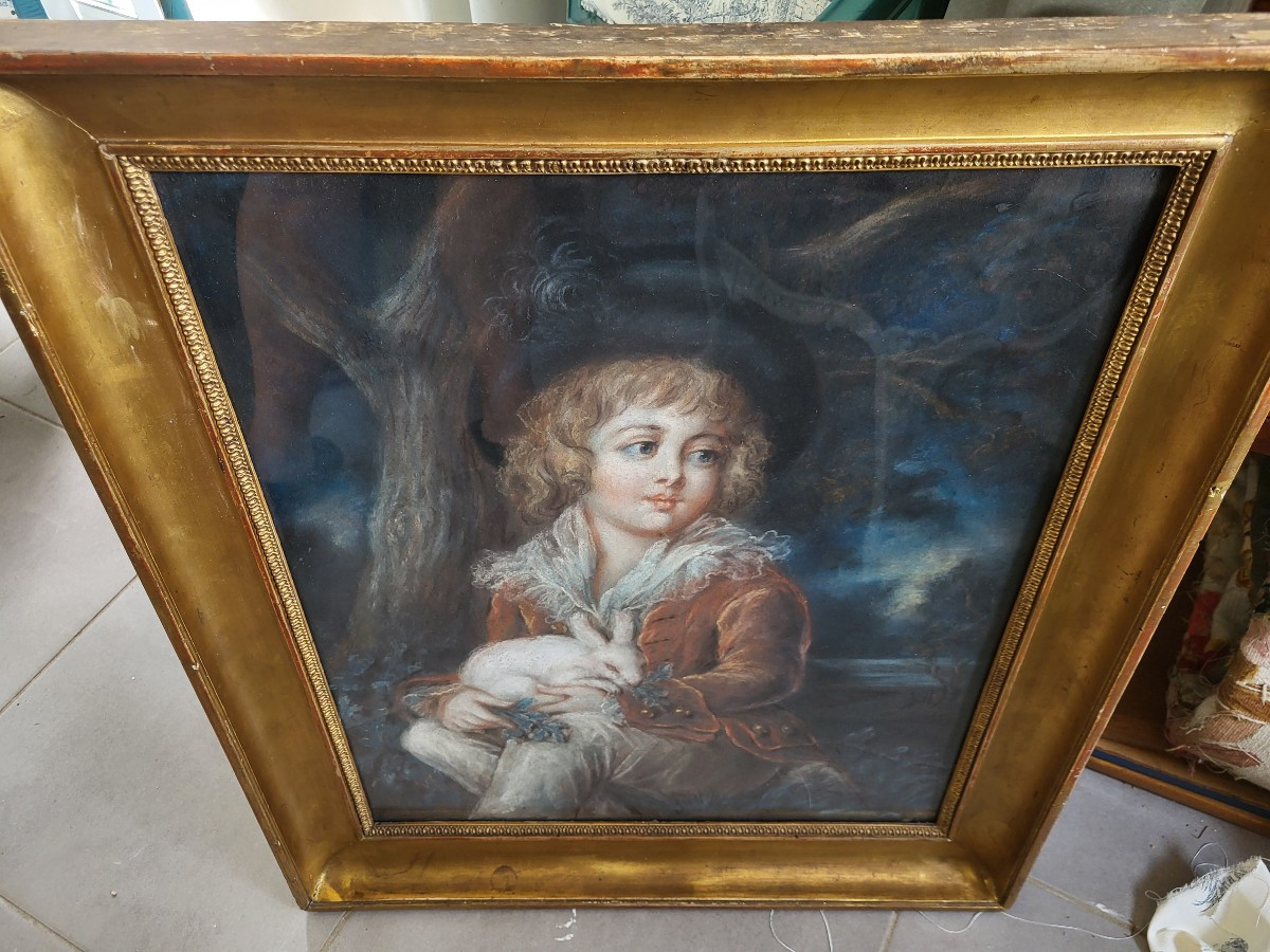 Pastel Portrait Of A Young Child With A Rabbit, 18th Century -photo-2