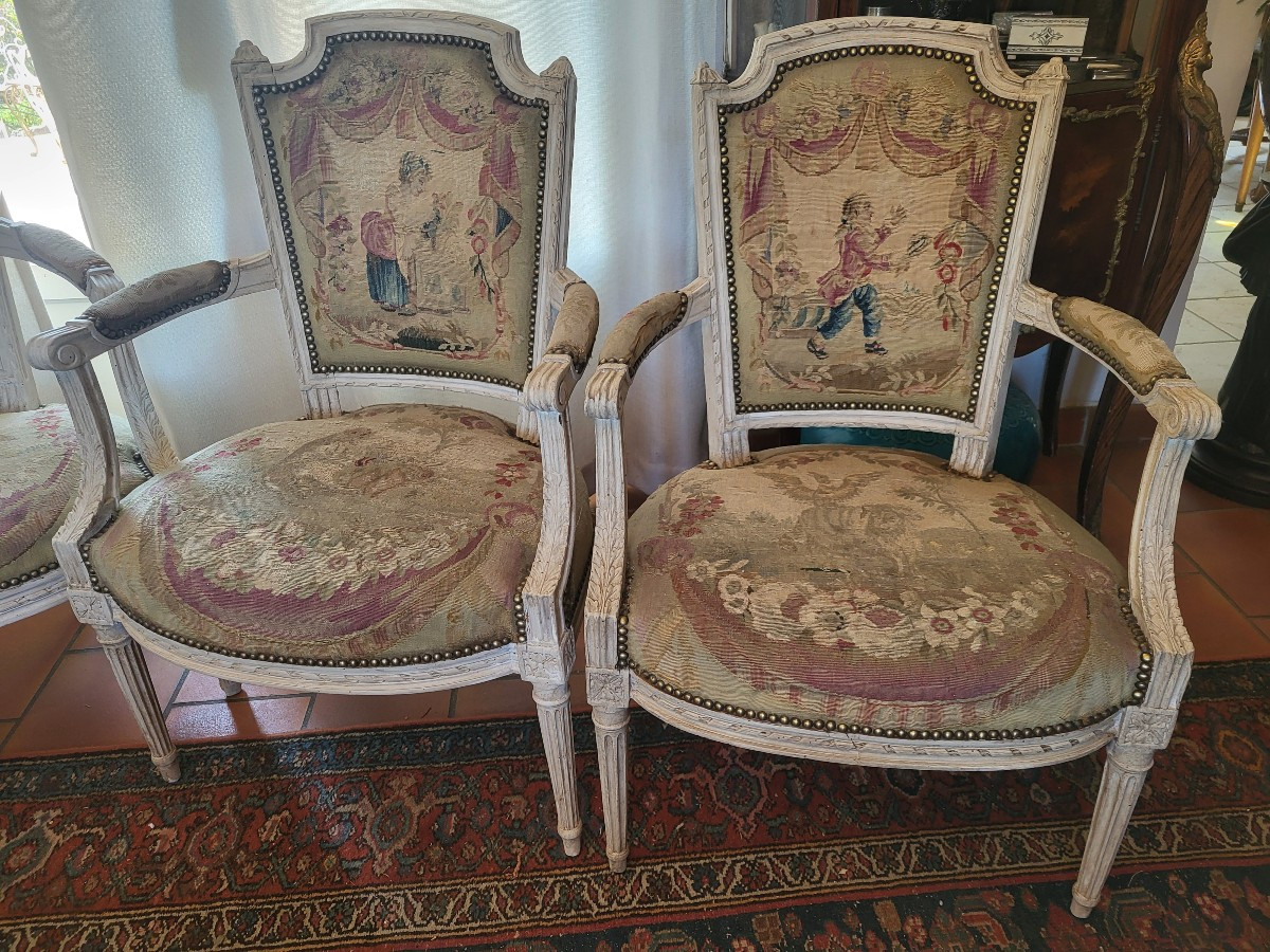 Set Of Four Armchairs Stamped Clmutel, Aubusson Tapestry, Louis XVI Period, 18th Century -photo-2