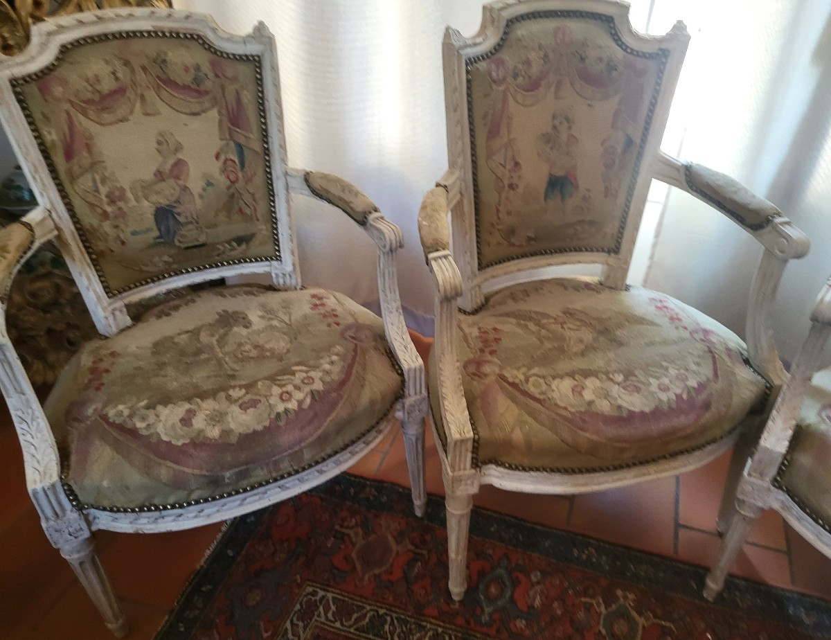 Set Of Four Armchairs Stamped Clmutel, Aubusson Tapestry, Louis XVI Period, 18th Century -photo-3