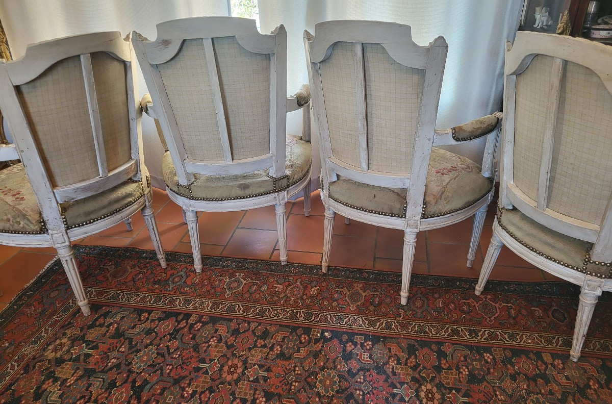 Set Of Four Armchairs Stamped Clmutel, Aubusson Tapestry, Louis XVI Period, 18th Century -photo-1