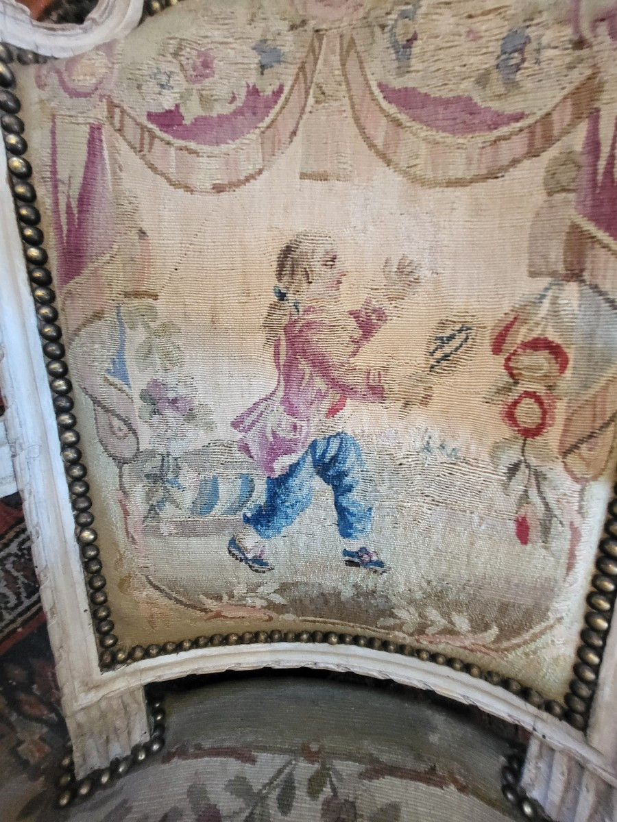 Set Of Four Armchairs Stamped Clmutel, Aubusson Tapestry, Louis XVI Period, 18th Century -photo-3