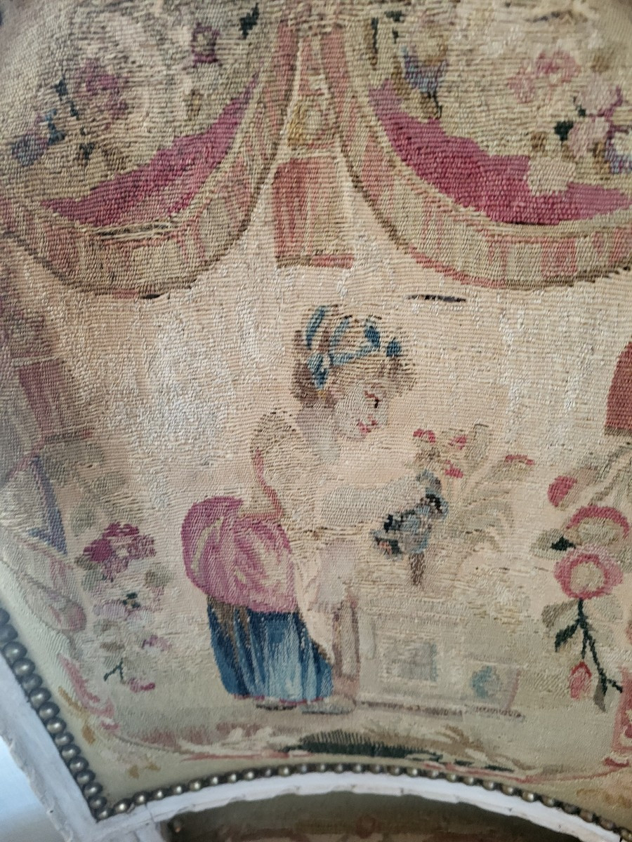 Set Of Four Armchairs Stamped Clmutel, Aubusson Tapestry, Louis XVI Period, 18th Century -photo-4